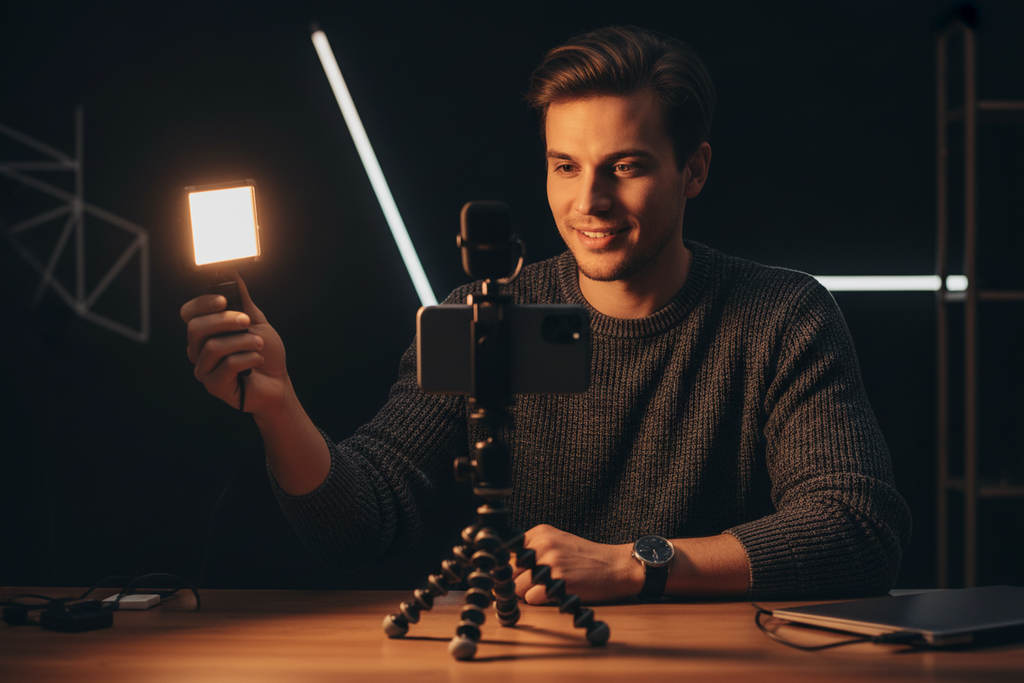 Content creator holding portable LED video light panel while filming with smartphone
