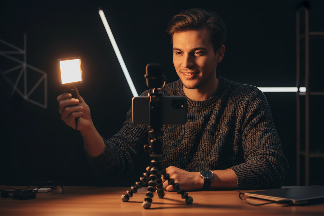 Content creator holding portable LED video light panel while filming with smartphone