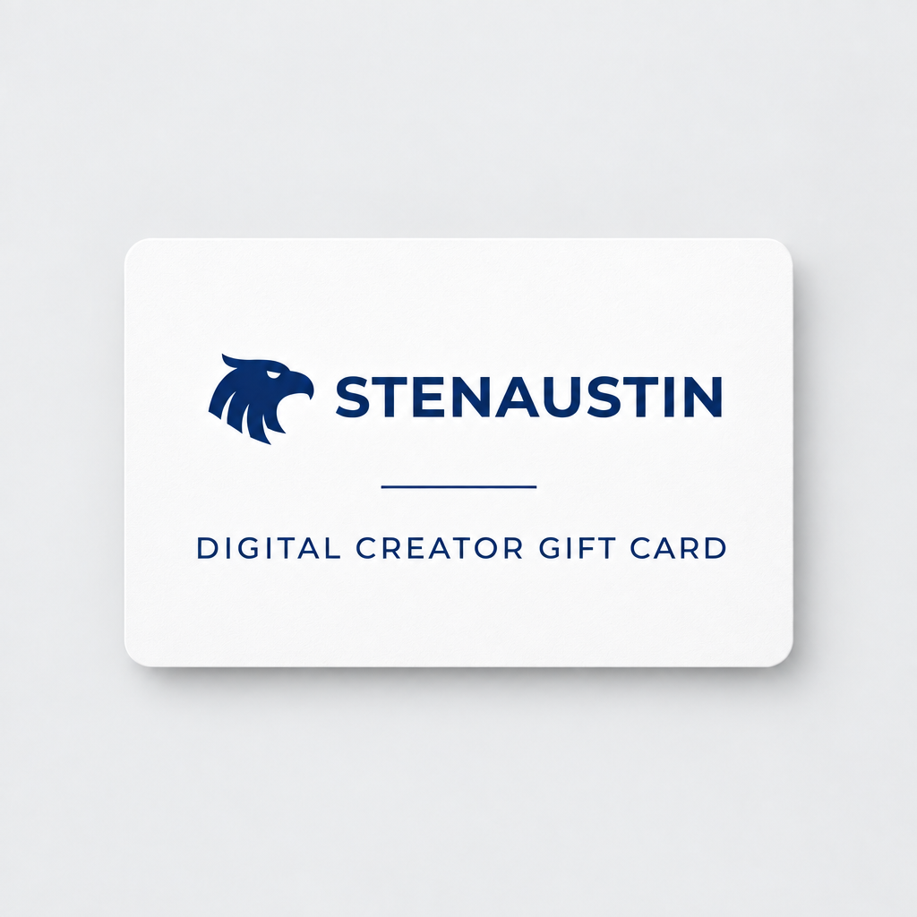 Stenaustin digital Creator Gift Card design with navy eagle logo and text on a white card