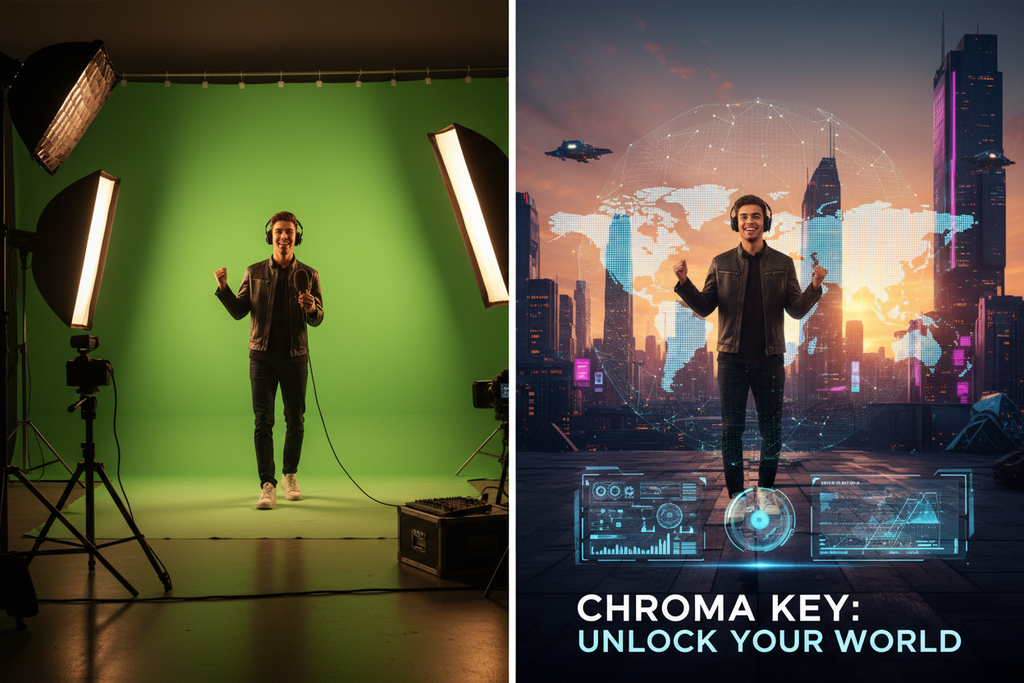 Before and after showing creator in front of green screen and final edited video result