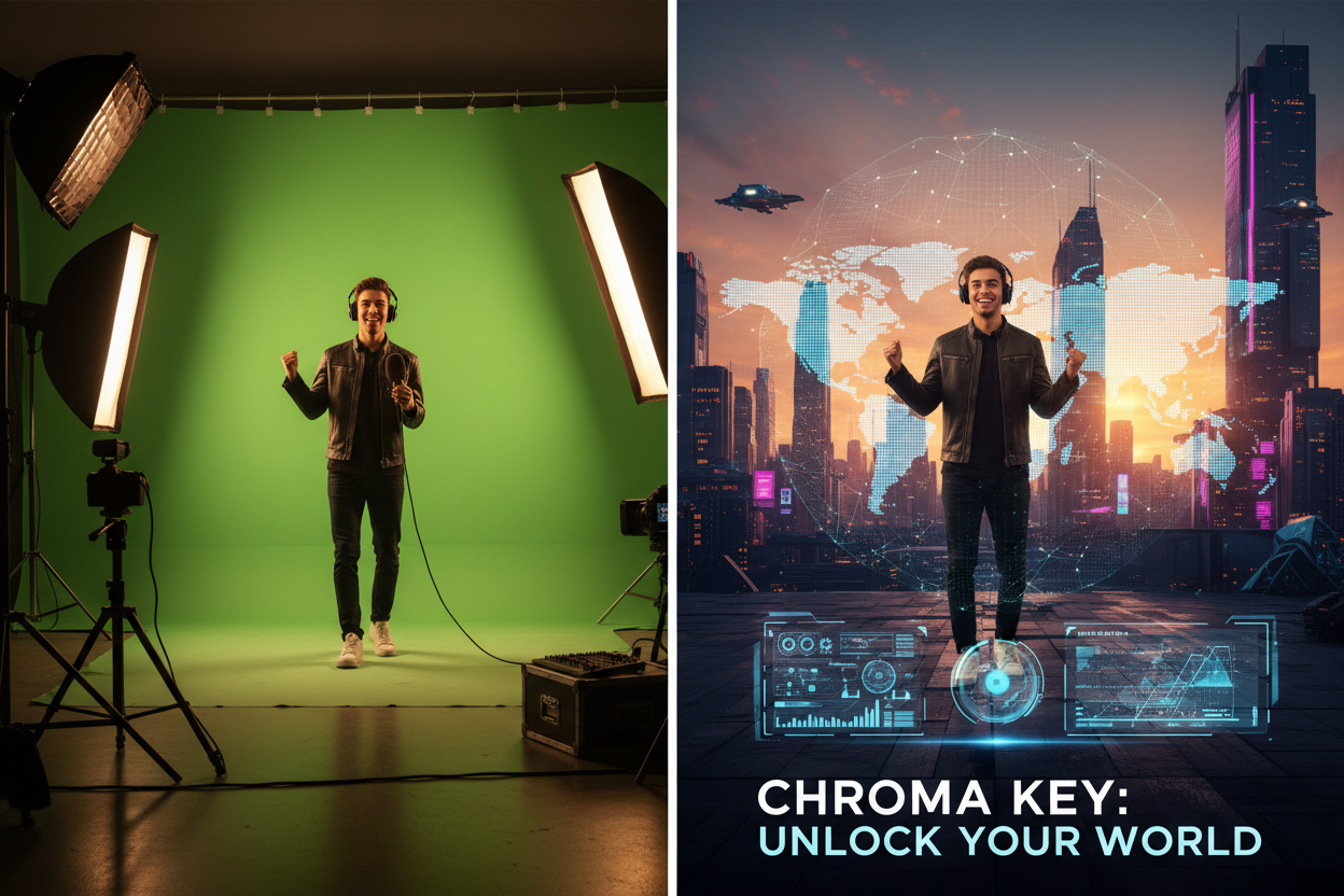 Before and after showing creator in front of green screen and final edited video result