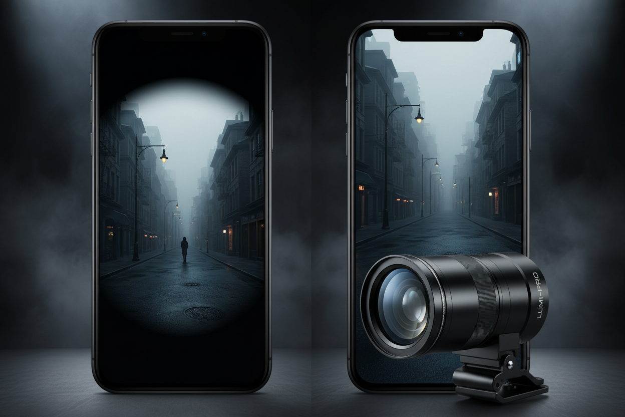 Before and after comparison showing smartphone photo quality improvement with lens kit