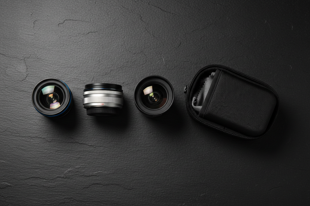Premium 3-in-1 smartphone camera lens kit flat lay with wide angle macro and fisheye lenses