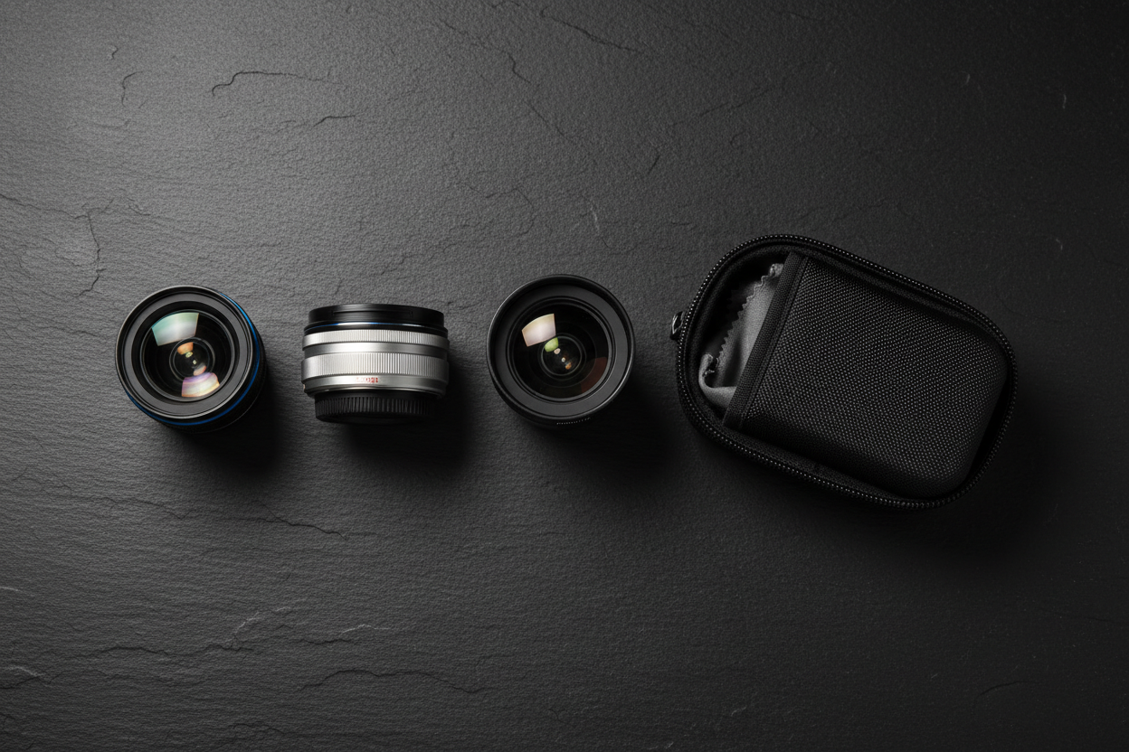 Premium 3-in-1 smartphone camera lens kit flat lay with wide angle macro and fisheye lenses