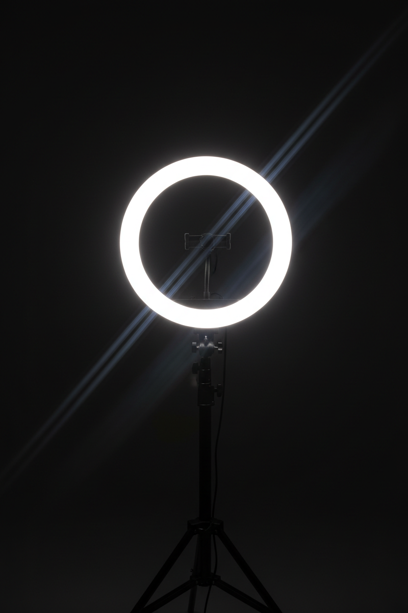 Professional LED ring light glowing dramatically on tripod in dark studio