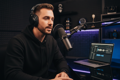 Content creator recording podcast with professional USB microphone at premium desk setup