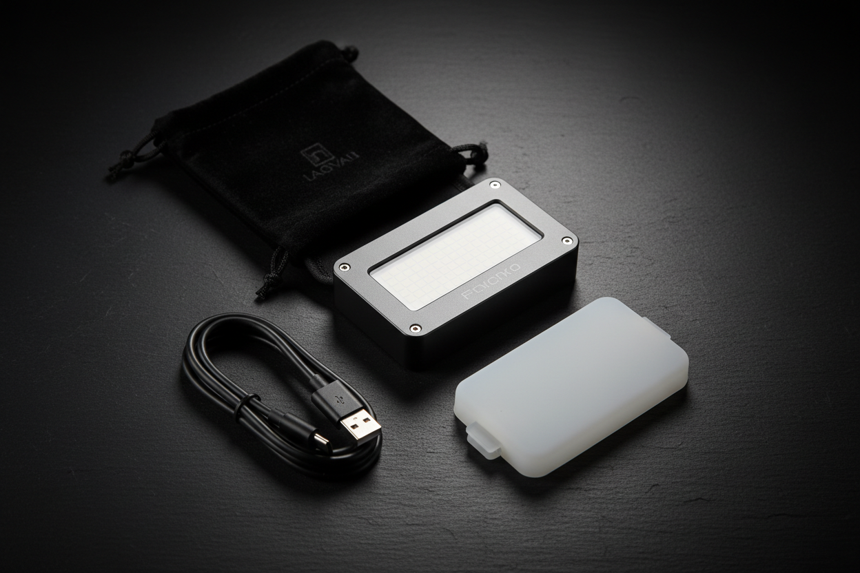 Portable LED video light panel flat lay with USB cable diffuser and carrying pouch