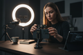Content creator attaching smartphone camera lens kit to phone at premium desk setup
