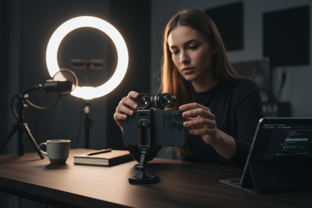 Content creator attaching smartphone camera lens kit to phone at premium desk setup