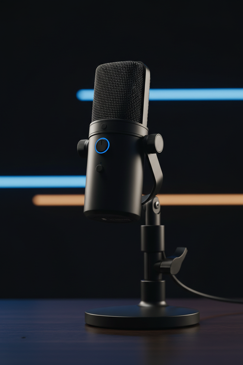 Professional USB condenser microphone dramatic close-up with studio lighting