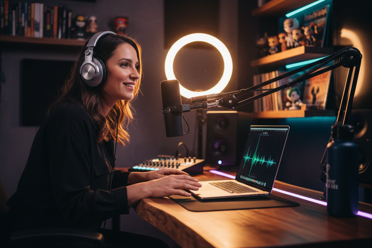 Female podcaster speaking into professional USB microphone with headphones at premium desk