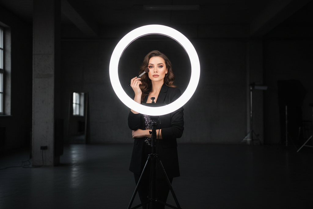 Beauty influencer with professional ring light and tripod in studio